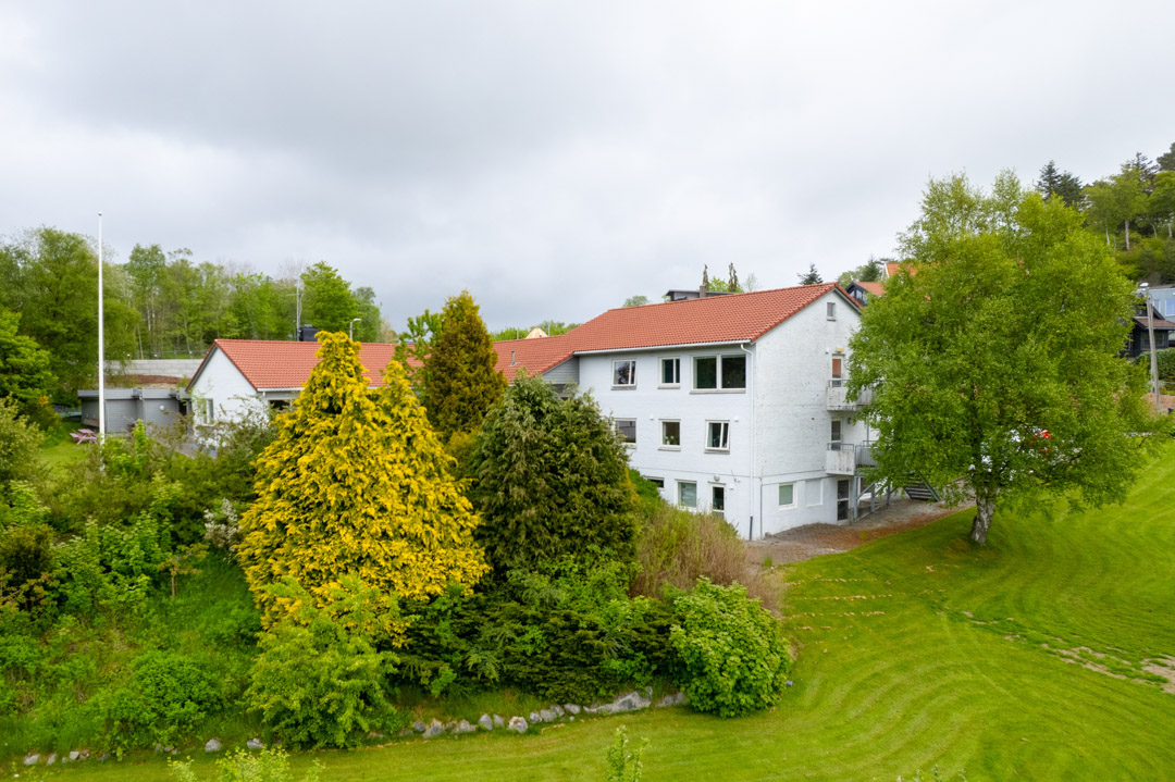 Bilde av Minde 1 fra hagen, med grønn plen i front og et tre. 